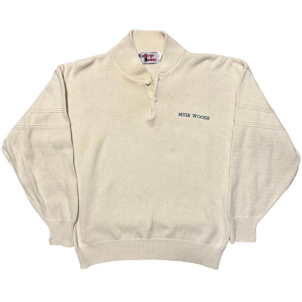 Vintage 90s College House Muir Woods Cream Off White Knit Henley Sweater Adult M